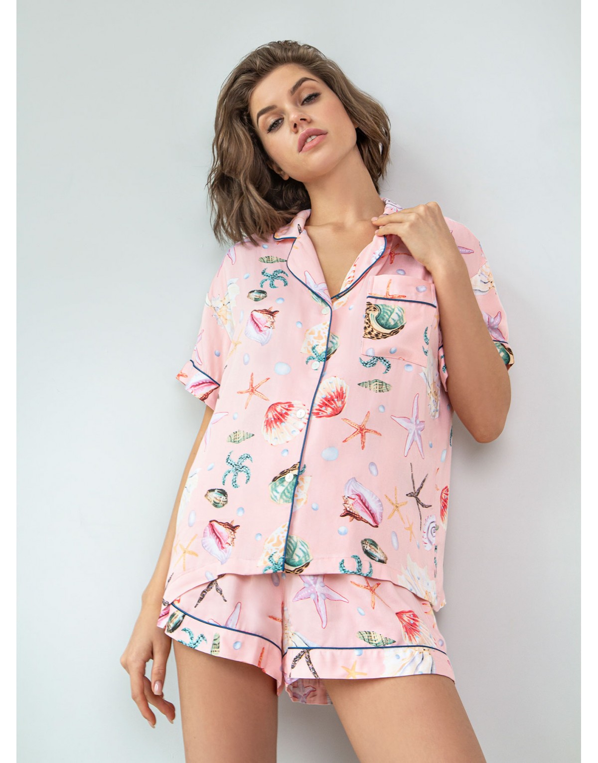 Вискозная розовая пижама с морским принтом
